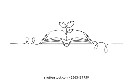 Continuous Line Drawing Of Open Book with Plant Sprout - Growth and Knowledge Concept Illustration
