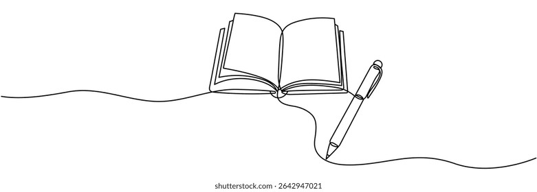 Continuous line drawing of open book and pen. One line vector drawing of book and pen. Concept of education. Background for world book day,international education day. Editable stroke
