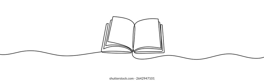 Continuous line drawing of open book. One line vector drawing of book and pen. Concept of education in one line vector. Background for world book day,international education day. Editable stroke