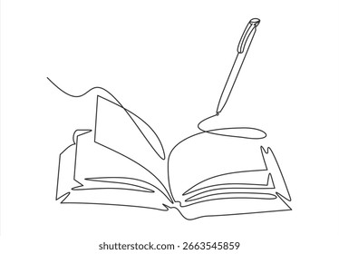 continuous line drawing of open book and pen.one line vector drawing of book and pen. concept of education in one line vector. background for world book day, international education day.