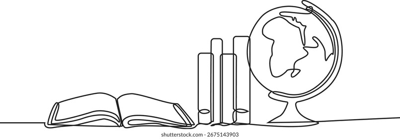 A continuous line drawing of an open book, books, and a globe.
