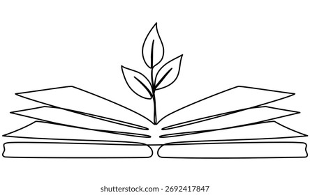 Linha contínua desenho livro aberto com planta de broto. Conhecimento. Ilustração vetorial isolada em branco.