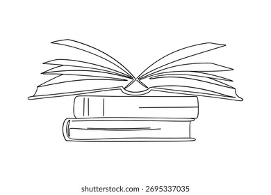 Dibujo de línea continua de libro abierto y pila de libros Ilustración