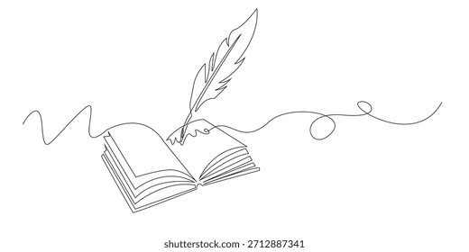 Dibujo de línea continua de un libro abierto con una pluma.simbolizando el conocimiento, la creatividad y la escritura.Ilustración de una sola línea adecuada para la educación, la literatura, la poesía y la inspiración.