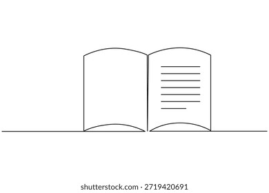 Dibujo de línea continuo de un libro abierto con líneas de texto sobre fondo blanco
