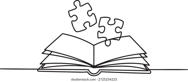 Desenho de linha contínua de livro aberto com peças de quebra-cabeça. Ilustração do conceito de educação. Símbolo de conhecimento e aprendizagem. Geração de ideias e resolução de problemas na arte. Estudo e sabedoria gráfica.