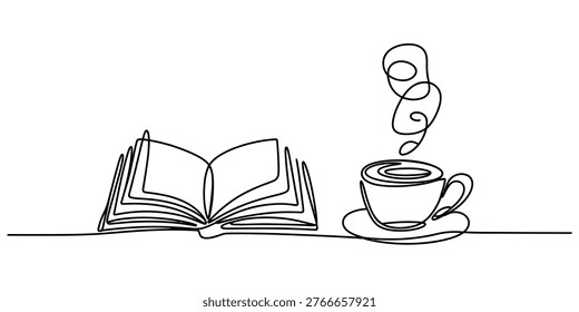 Continuous line drawing of an open book and a steaming cup of coffee on a white background. Vector, illustration