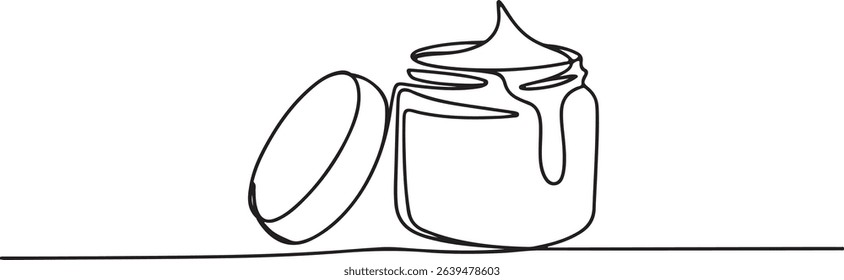 Continuous line drawing of an open cream jar with dripping cream, minimalist black and white single line art on white background

