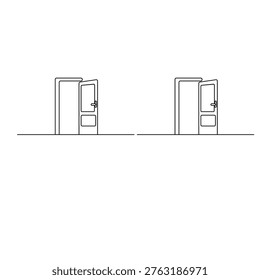 Continuous line drawing of open double doors on a wavy horizon
