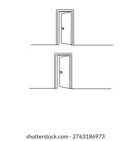 Continuous line drawing of open double doors on a wavy horizon