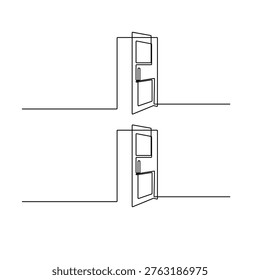 Continuous line drawing of open double doors on a wavy horizon