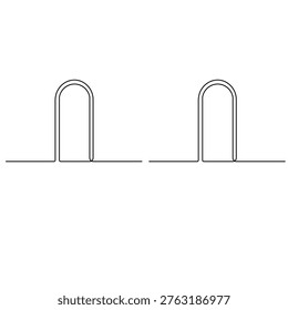 Continuous line drawing of open double doors on a wavy horizon