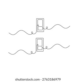 Continuous line drawing of open double doors on a wavy horizon