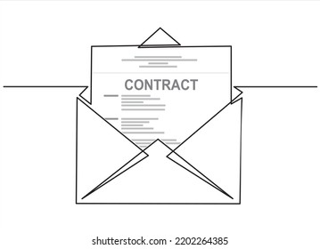 Continuous line drawing of open envelope with Contract agreement