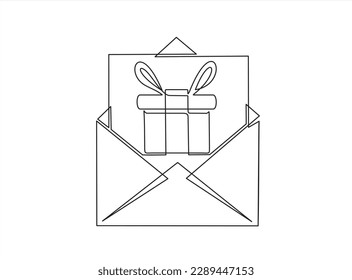 Continuous line drawing of open envelope with a gift