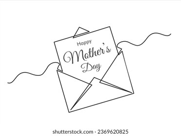 Continuous line drawing of open envelope with with inscription: Happy Mothers Day. Mothers Day concept.