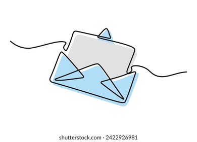 Continuous line drawing of open envelope with a letter. Single line draw. Email concept. Isolated on white background. Graphic design. Vector illustration.