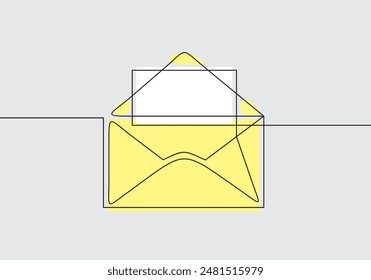 Continuous line drawing of open envelope with a letter