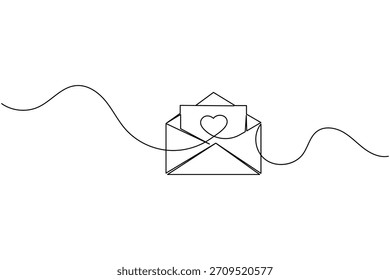 Continuous line drawing of an open envelope with a heart card inside message