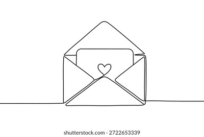 Dibujo de línea continua de sobre abierto con tarjeta de corazón de amor elegante diseño de arte de ilustración minimalista