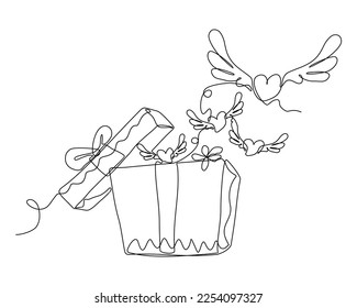 Continuous Line Drawing Open Gift Box With Fly Hearts.