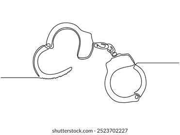 Durchgehende Linienzeichnung offener Handschellen. Ein sauberes Design, das Gerechtigkeit und Sicherheit repräsentiert. Vektorgrafik.