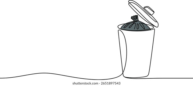 Desenho de linha contínua de contêiner de resíduos de tampa aberta, arte minimalista de uma linha de lixeira com saco de lixo escuro dentro