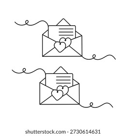 Dibujo de línea continua de sobre de carta de amor abierto con dos corazones