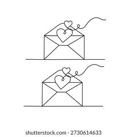 Dibujo de línea continua de sobre de carta de amor abierto con dos corazones
