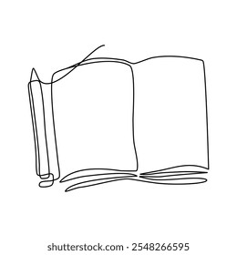 Continuous line drawing of open notebook with pen. stationery theme in hand drawn style. simple line art. vector illustration.