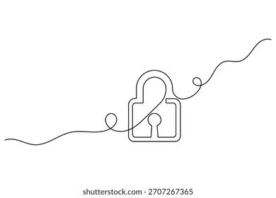Continuous line drawing of an open padlock symbol for security and privacy concept