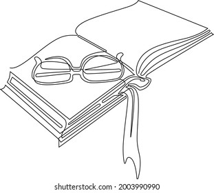 Continuous line drawing. Opened book with a bookmark and glasses. Vector illustration.