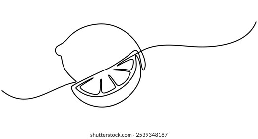 Dibujo de línea continua de fruta naranja aislada sobre fondo transparente. Ilustración vectorial, continua de una sola línea de dibujo de limón lima fresca Ilustración vectorial de frutas de verano, continua