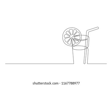 Continuous Line Drawing. Orange juice in glass cup on tray in hand of waiter Drawing by hand on a white background. - Vector