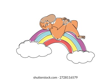 Desenho de linha contínua de cochilo de orangotango suping barriga acima através do arco-íris, membros longos e rosto suave para olhar suave e amigável. Ótimo para o tema de conservação da floresta tropical, livro infantil e cartaz ecológico
