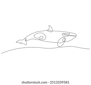 Dibujo de línea continua de orca ballena. Dibujo de una sola línea de peces asesinos de ballenas. Concepto de animal marino línea continua. Esquema editable.