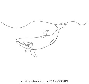 Dibujo de línea continua de orca ballena. Dibujo de una sola línea de peces asesinos de ballenas. Concepto de animal marino línea continua. Esquema editable.