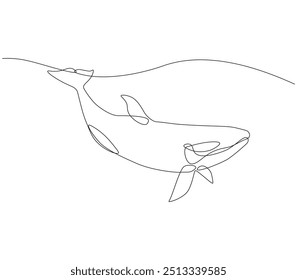 Dibujo de línea continua de orca ballena. Dibujo de una sola línea de peces asesinos de ballenas. Concepto de animal marino línea continua. Esquema editable.