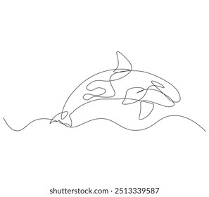 Dibujo de línea continua de orca ballena. Dibujo de una sola línea de peces asesinos de ballenas. Concepto de animal marino línea continua. Esquema editable.