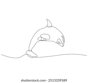 Dibujo de línea continua de orca ballena. Dibujo de una sola línea de peces asesinos de ballenas. Concepto de animal marino línea continua. Esquema editable.