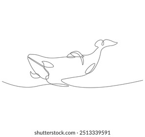 Dibujo de línea continua de orca ballena. Dibujo de una sola línea de peces asesinos de ballenas. Concepto de animal marino línea continua. Esquema editable.