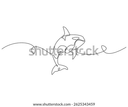 Continuous line drawing of orca whale. Single line illustration of killer whale. Predatory marine fish concept. Editable outline