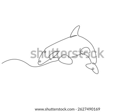 Continuous line drawing of orca whale. Single line illustration of killer whale. Predatory marine fish concept. Editable outline