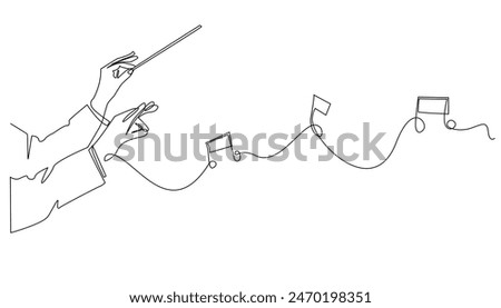 continuous line drawing of orchestra conductor.single line drawing of orchestra leader's hand holding baton.single line drawing of conductor directing music instruments.