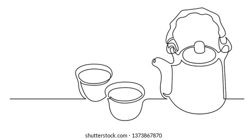continuous line drawing of oriental style tea pot with bamboo handle and cups