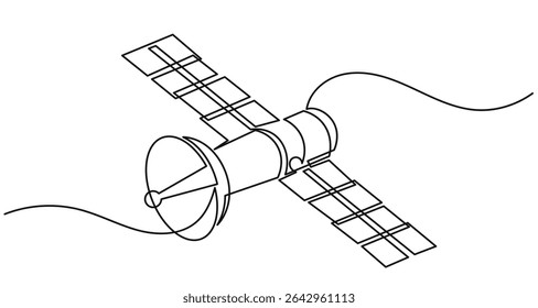 Continuous line drawing of an outer space satellite, showing simple orbit communication. Minimal outline style. Satellite isolated on a white background in a flat vector style. satellite vector.