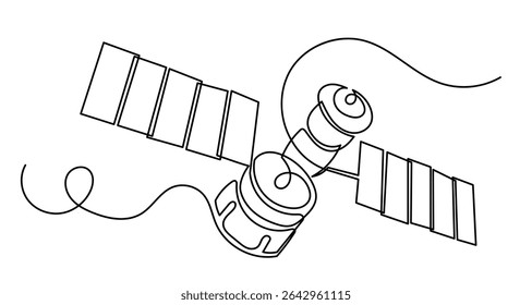Continuous line drawing of an outer space satellite, showing simple orbit communication. Minimal outline style. Satellite isolated on a white background in a flat vector style. satellite vector.