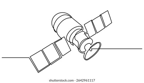 Continuous line drawing of an outer space satellite, showing simple orbit communication. Minimal outline style. Satellite isolated on a white background in a flat vector style. satellite vector.