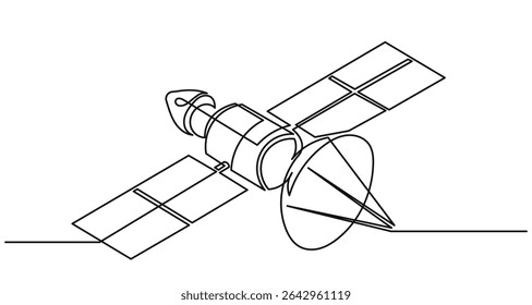 Continuous line drawing of an outer space satellite, showing simple orbit communication. Minimal outline style. Satellite isolated on a white background in a flat vector style. satellite vector.