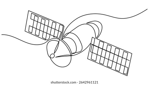 Continuous line drawing of an outer space satellite, showing simple orbit communication. Minimal outline style. Satellite isolated on a white background in a flat vector style. satellite vector.